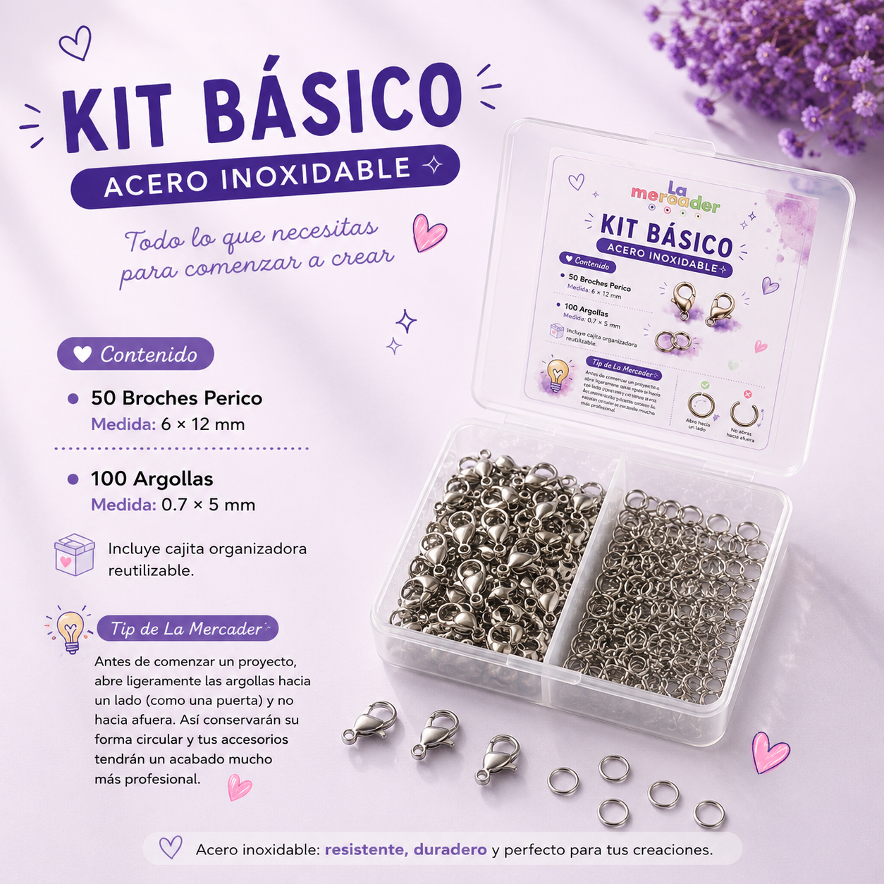 Kit Esencial Acero Inoxidable Dorado o Plateado | 50 Broches Perico 6×12 mm + 100 Argollas 0.7×5 mm con Caja Organizadora