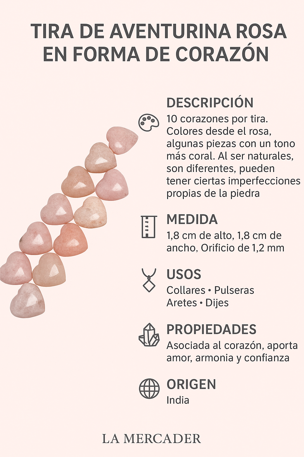 1 Tira Corazones de Aventurina Rosa 10 pz