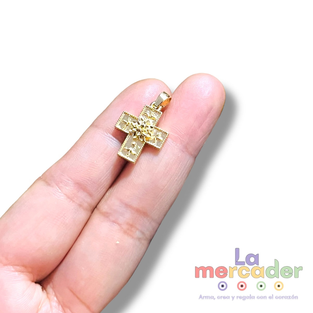 Dije de Cruz con Flor de Cempasúchil, Chapa de Oro 14k