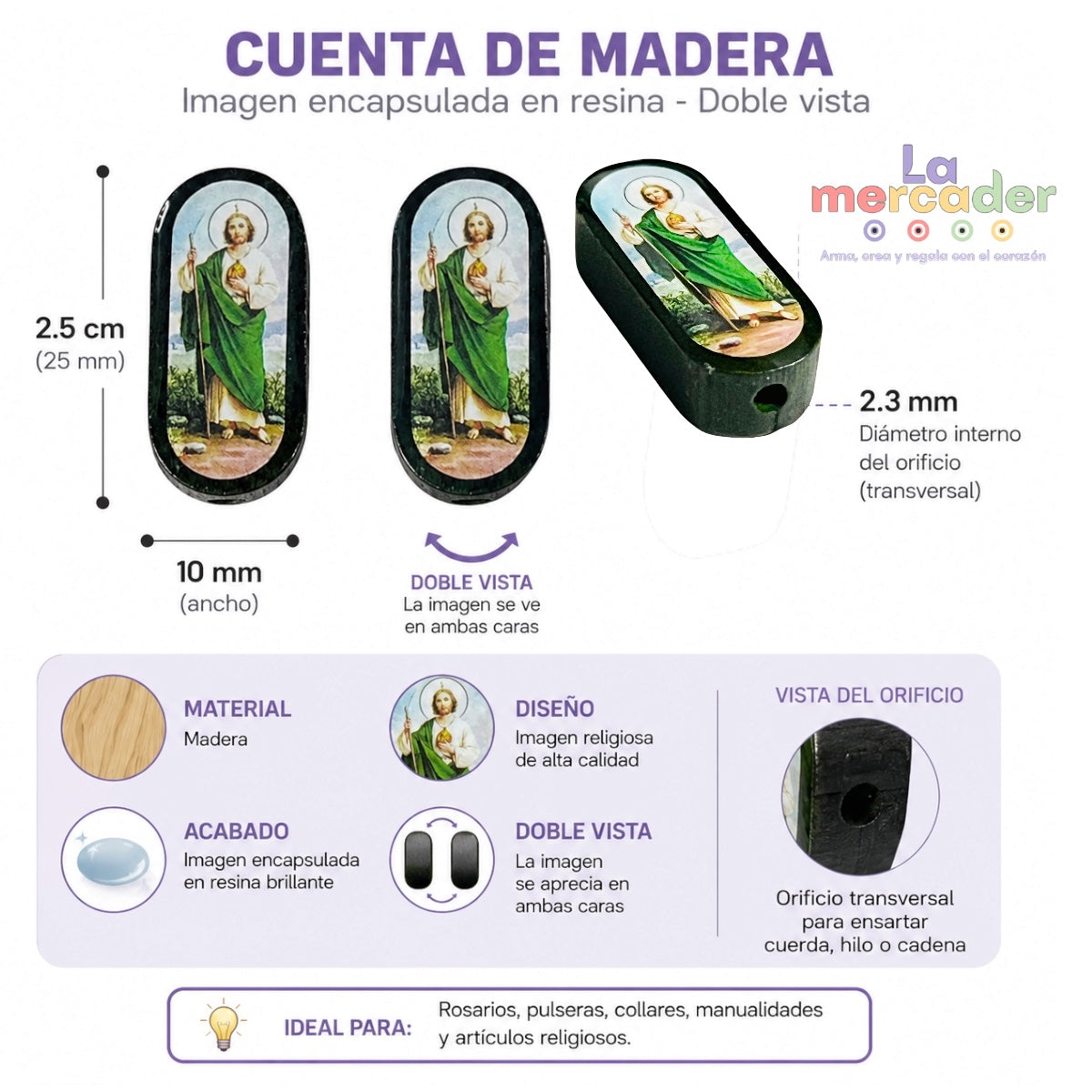 Pack Religioso de Cuentas de Madera con Resina Doble Vista 25mm | 5 Piezas Variadas para Rosarios y Bisutería Católica