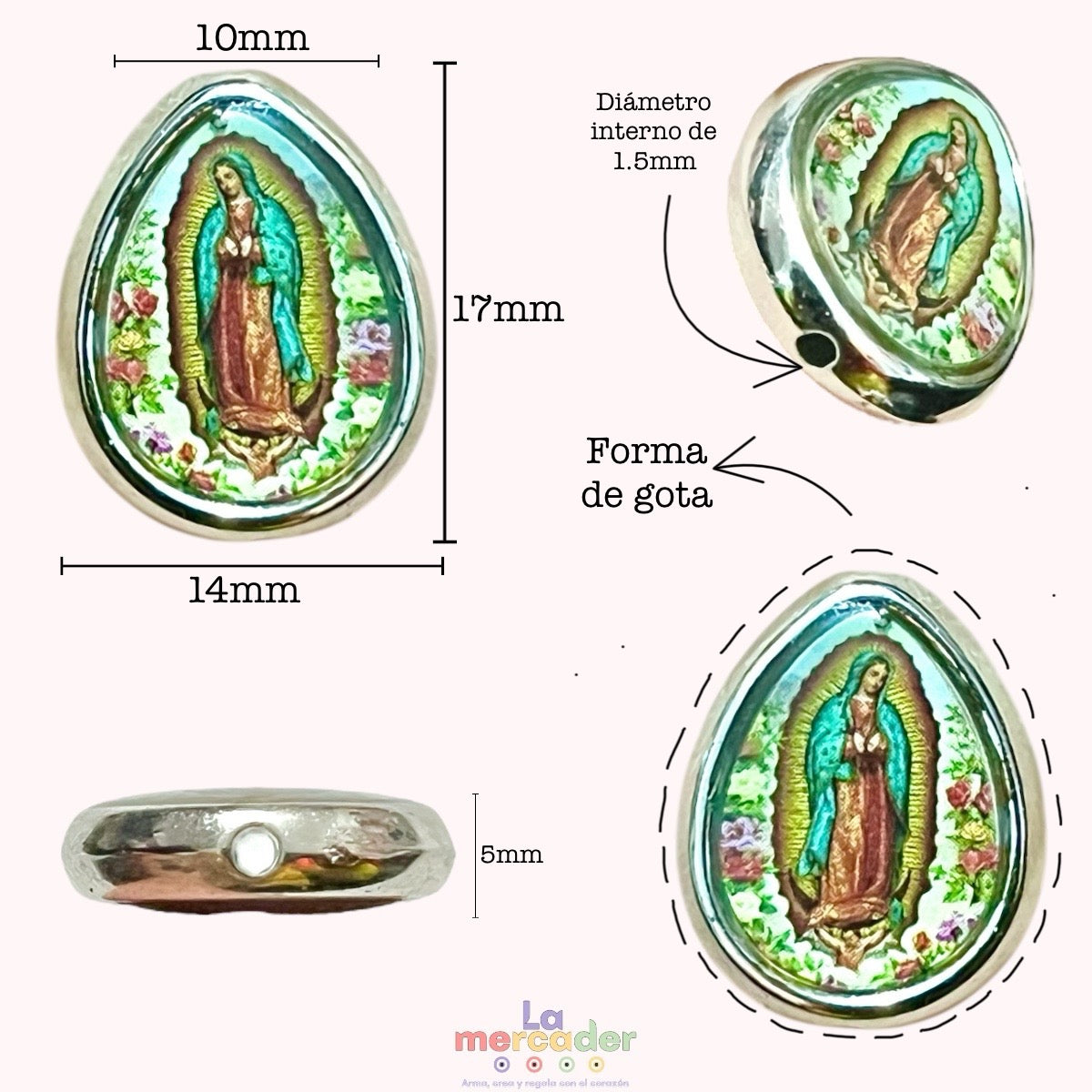 10pz Dije Transversal Gota Virgen de Guadalupe