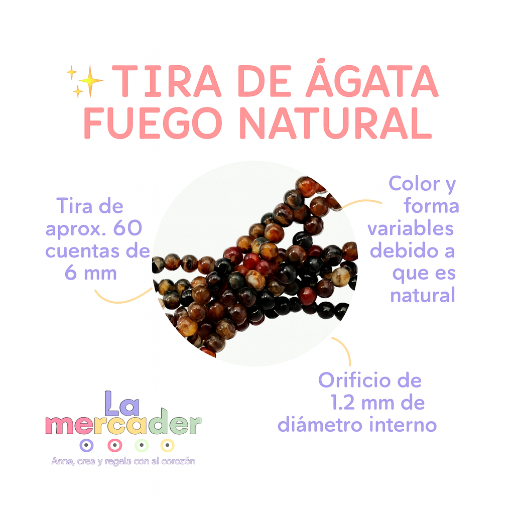 1 Tira Ágata Fuego #6 (60pz aprox) Piedra Natural