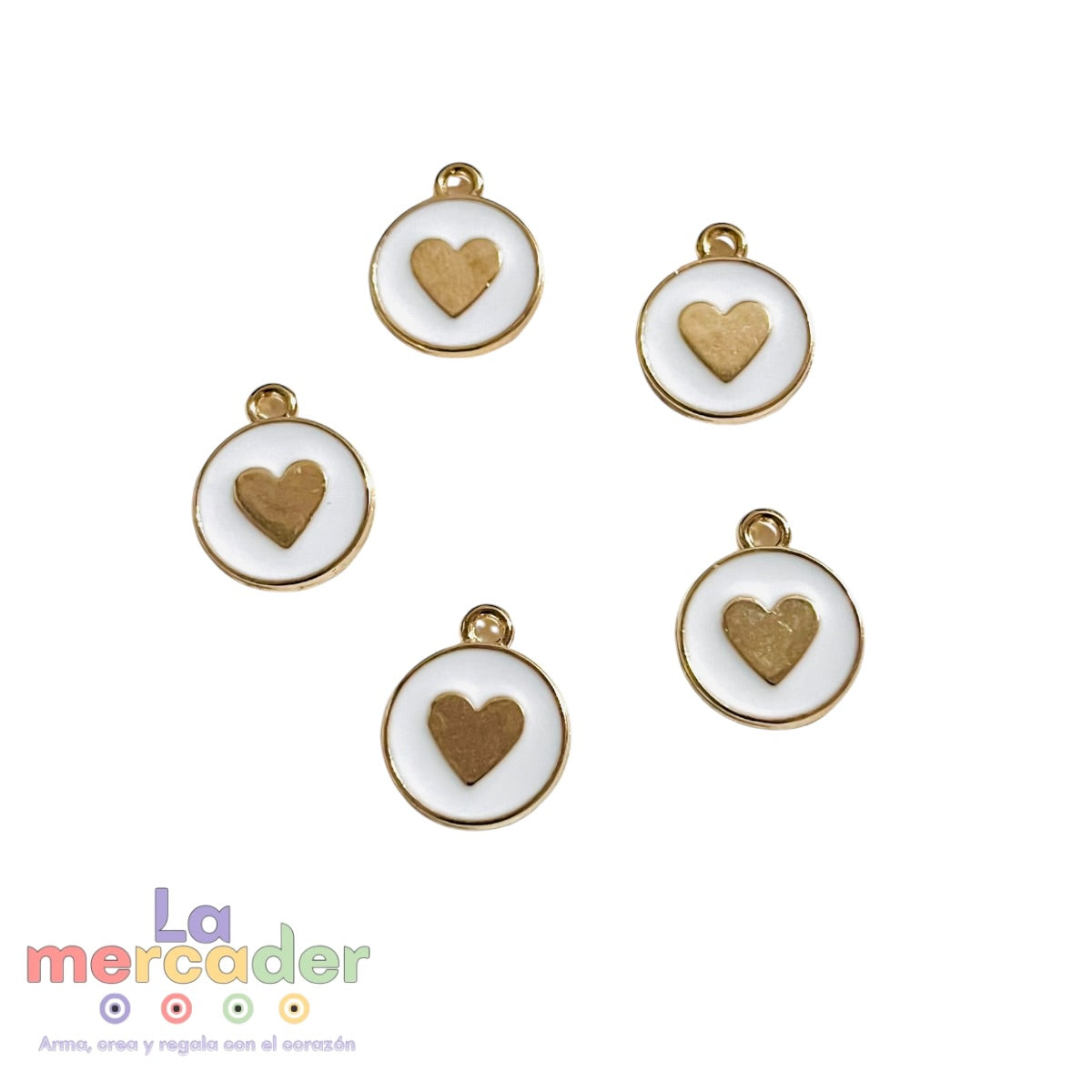 5 pz Dijes Corazón Dorado con Fondo Blanco | Charm Redondo Metálico Elegante para Pulseras y Collares