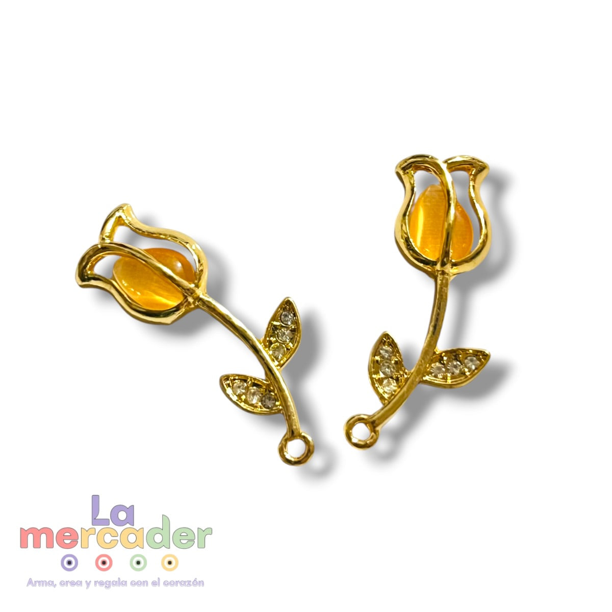 6 pz Dije Tulipán Dorado con Cristales y Piedra Natural