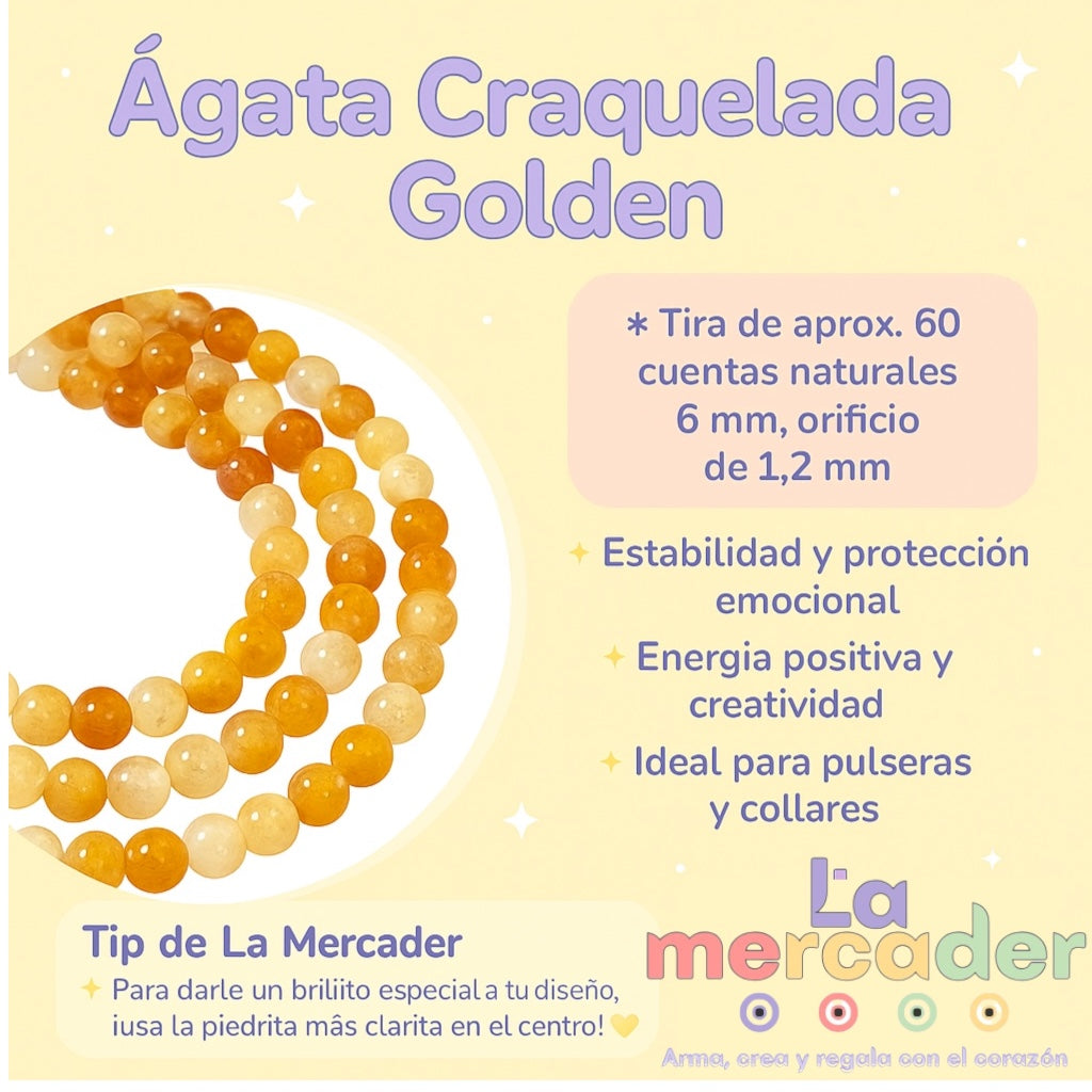 1 Tira Ágata Golden #6 Craquelada, (60pz aprox) Piedra Natural