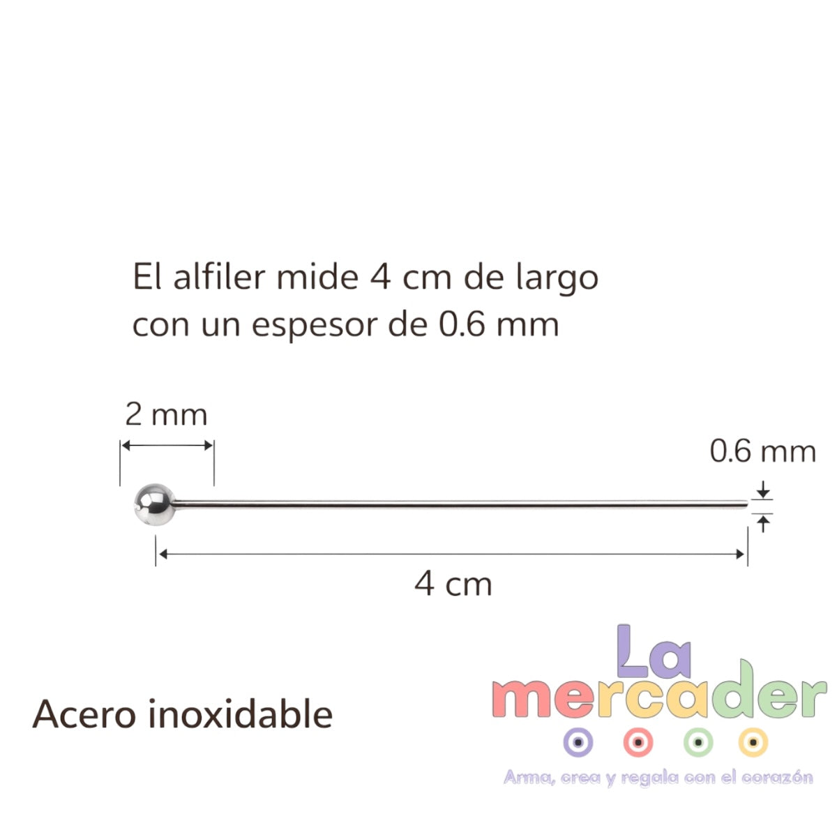 Alfileres de Acero Inoxidable Color Natural 4 cm x 0.6 mm | Paquete 50 pzs para Bisutería