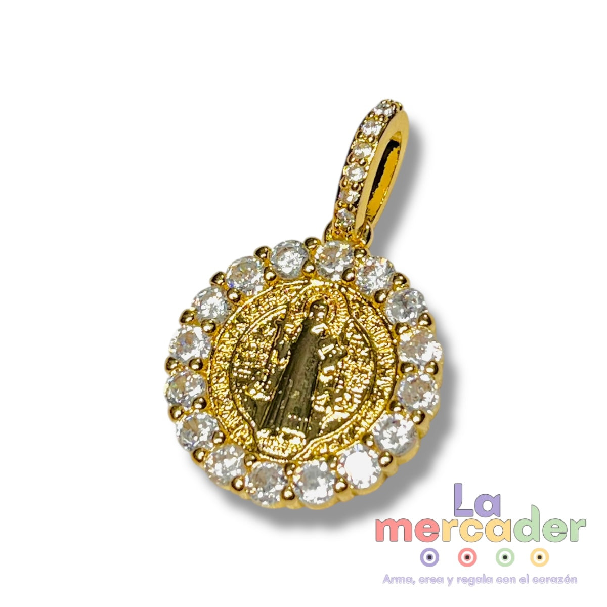 Dije San Benito Doble Vista con Zirconias en Oro Laminado 4 Micras – 3 cm | Brillo, protección