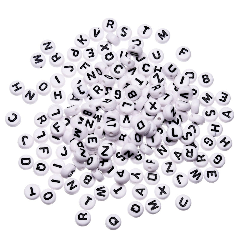 100 pz letras blanco con negro, cuentas para pulseras, letras para bisuteria, abalorios
