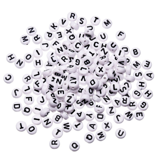 100 pz letras blanco con negro, cuentas para pulseras, letras para bisuteria, abalorios