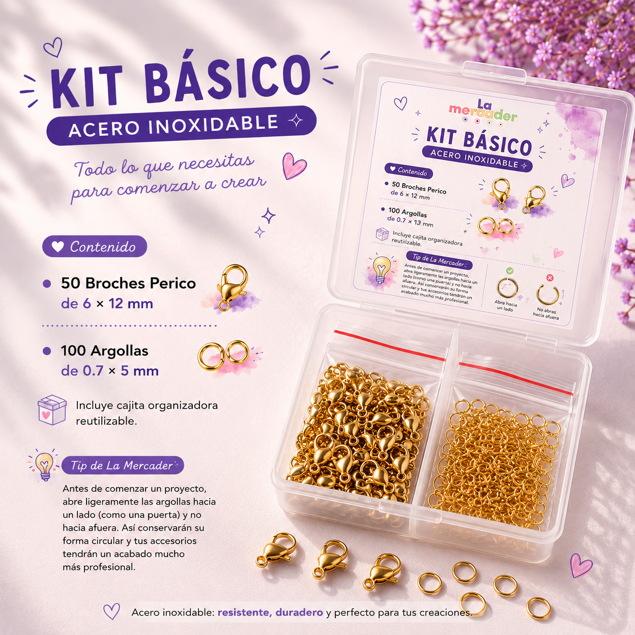 Kit Esencial Acero Inoxidable Dorado o Plateado | 50 Broches Perico 6×12 mm + 100 Argollas 0.7×5 mm con Caja Organizadora