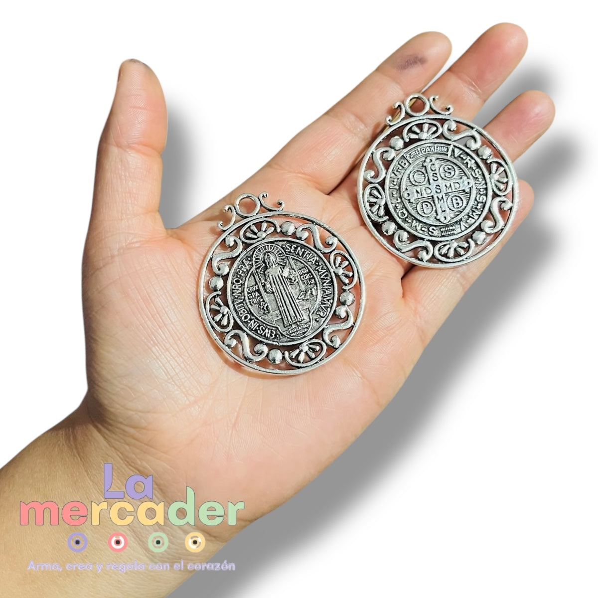 Medalla San Benito 5cm, medalla calada ideal para bordar de Pewter