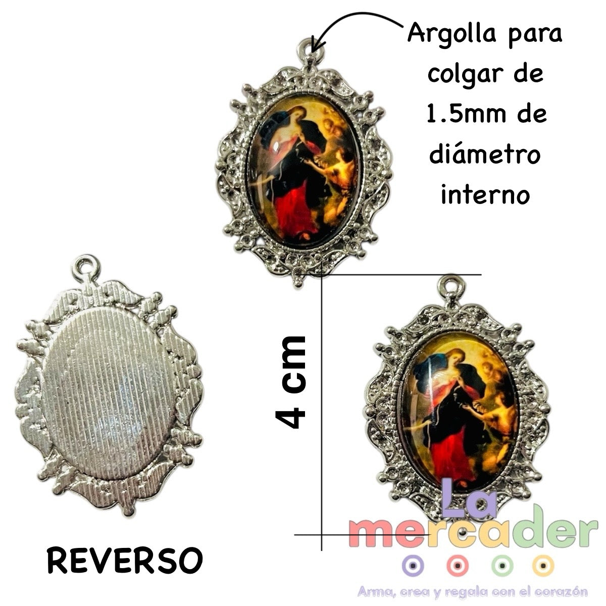 Medalla María Desatadora de Nudos, Dije 4cm, Pewter