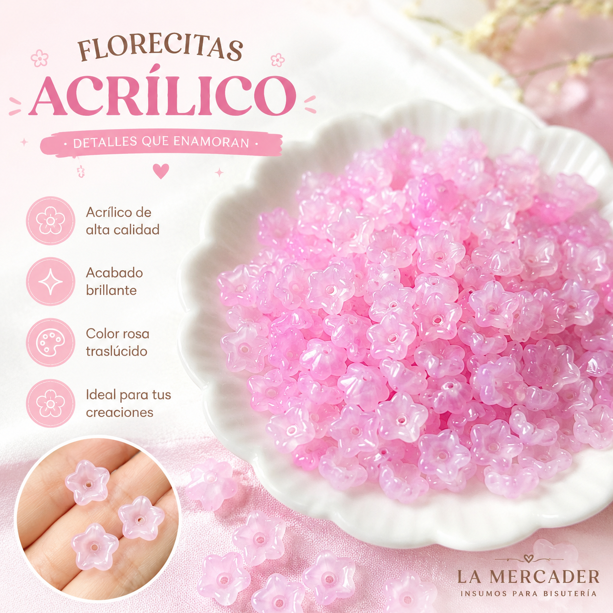 100 pz Flores Acrílicas 12 mm para Bisutería |  Rosa Translúcido y Aperlado Marfil