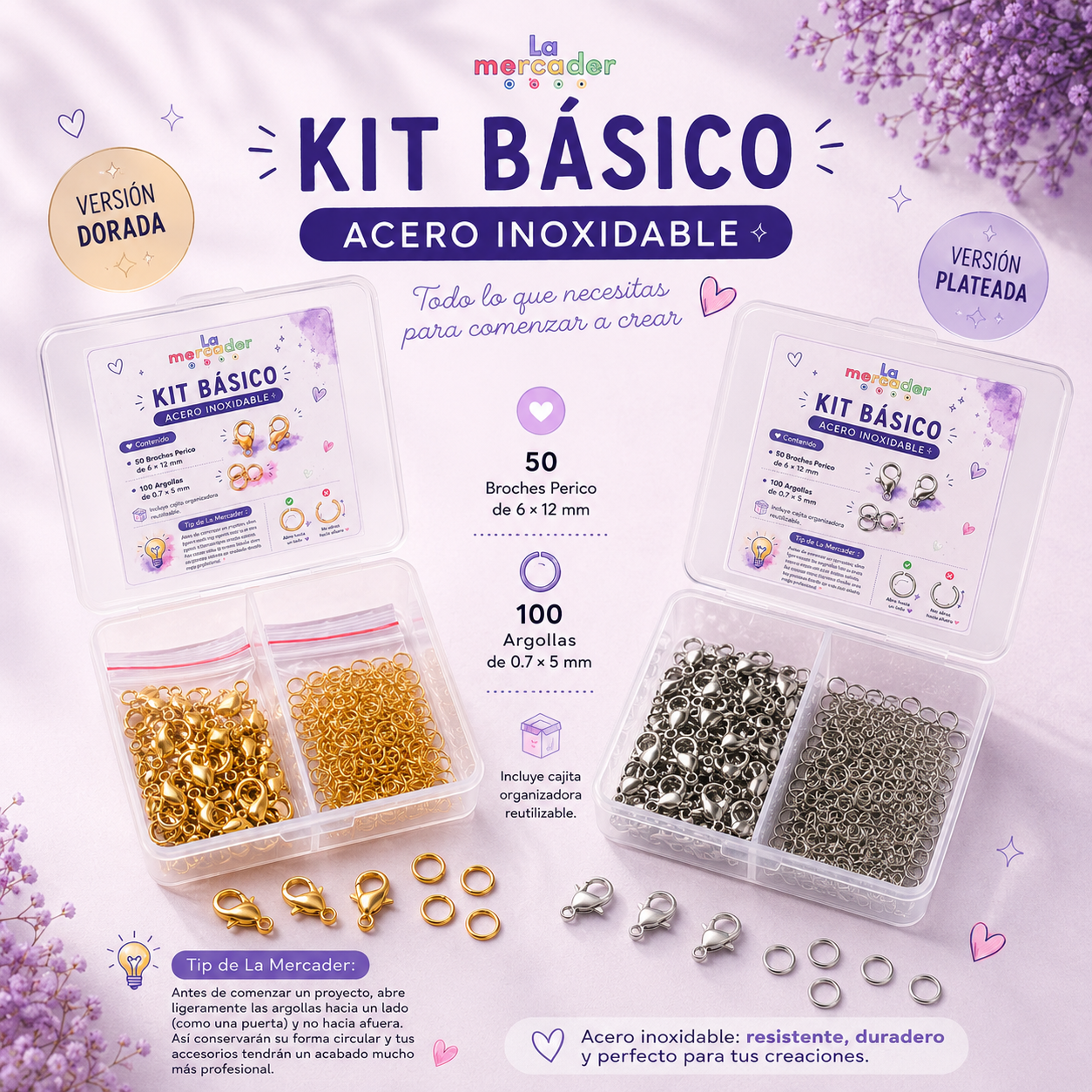 Kit Esencial Acero Inoxidable Dorado o Plateado | 50 Broches Perico 6×12 mm + 100 Argollas 0.7×5 mm con Caja Organizadora