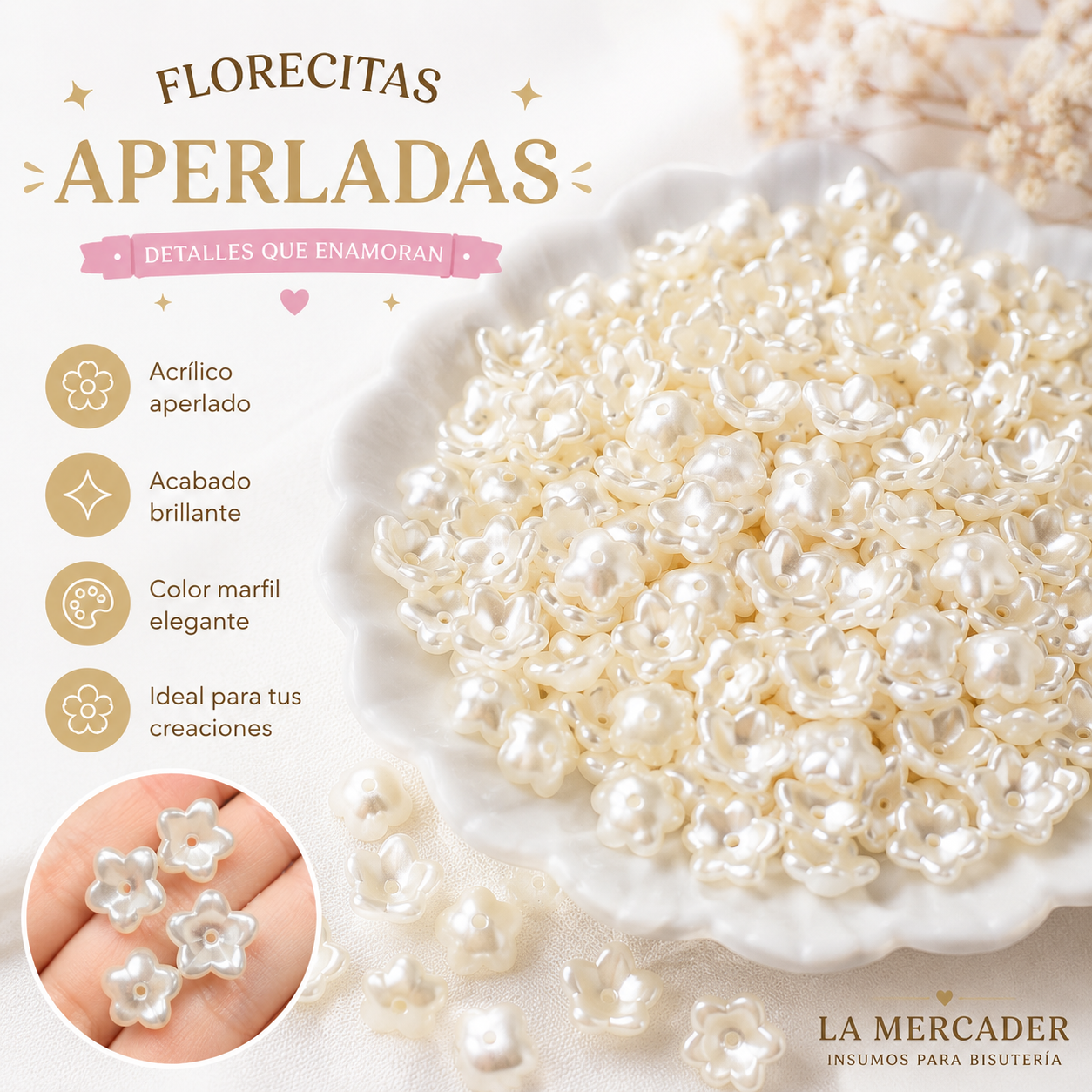 100 pz Flores Acrílicas 12 mm para Bisutería |  Rosa Translúcido y Aperlado Marfil