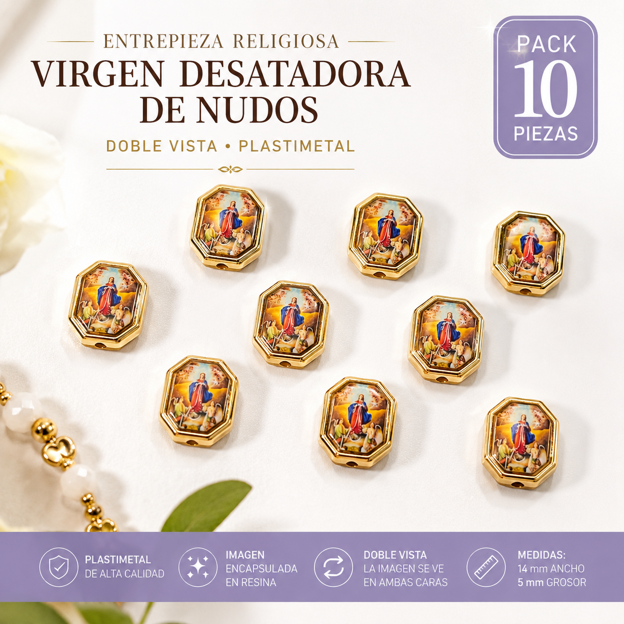10 Piezas Virgen Desatadora de Nudos Doble Vista 14mm Plastimetal con Resina |para Bisutería y Rosarios