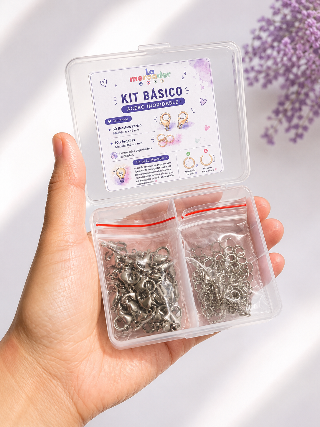 Kit Esencial Acero Inoxidable Dorado o Plateado | 50 Broches Perico 6×12 mm + 100 Argollas 0.7×5 mm con Caja Organizadora