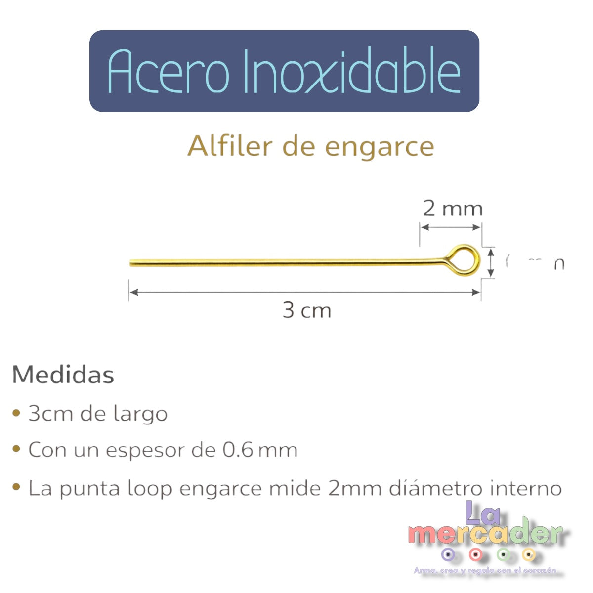 50 pz Alfiler de Engarce Dorado de Acero Inoxidable 3 cm | Loop 2 mm | Paquete para Bisutería Profesional