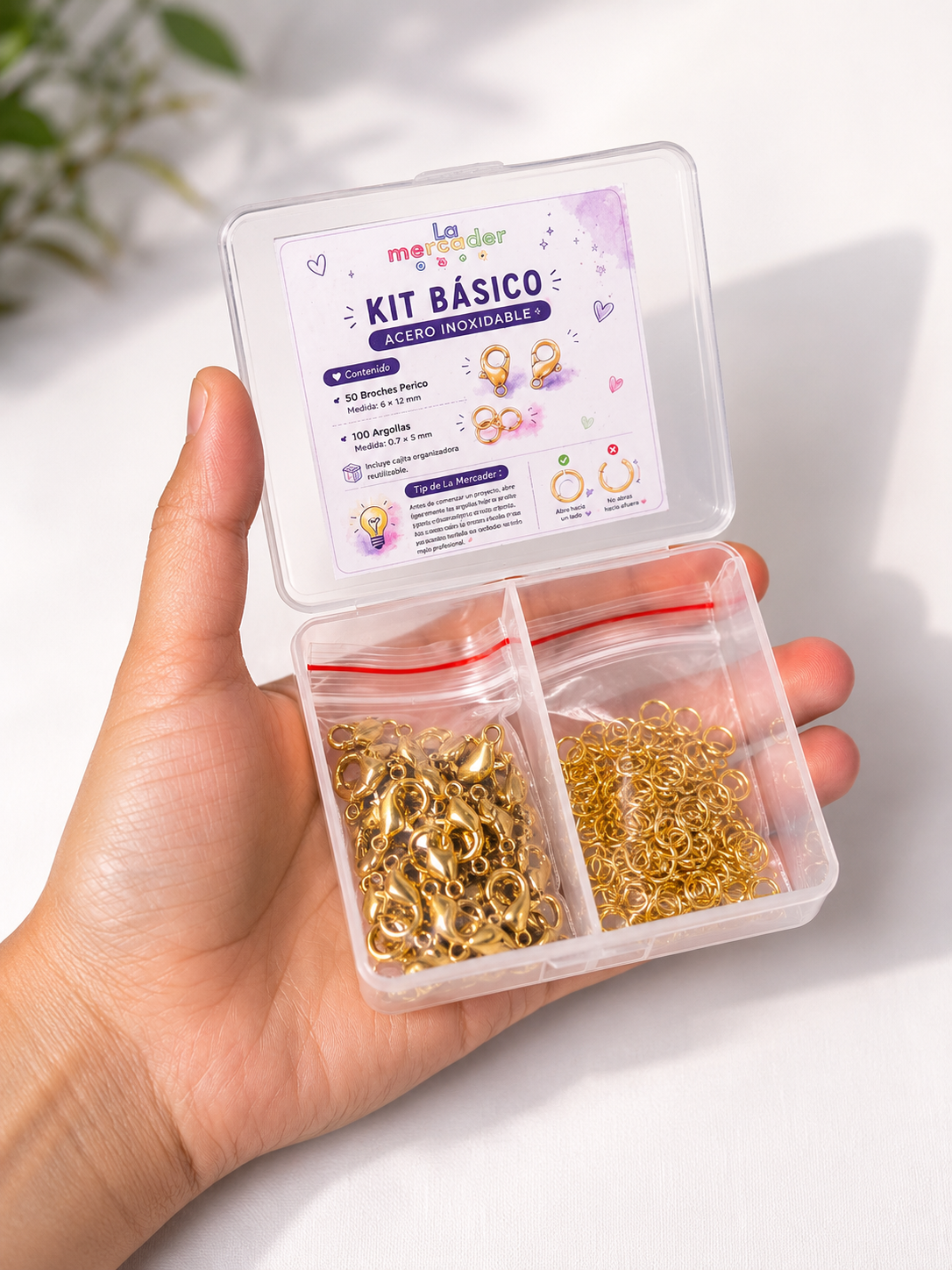 Kit Esencial Acero Inoxidable Dorado o Plateado | 50 Broches Perico 6×12 mm + 100 Argollas 0.7×5 mm con Caja Organizadora