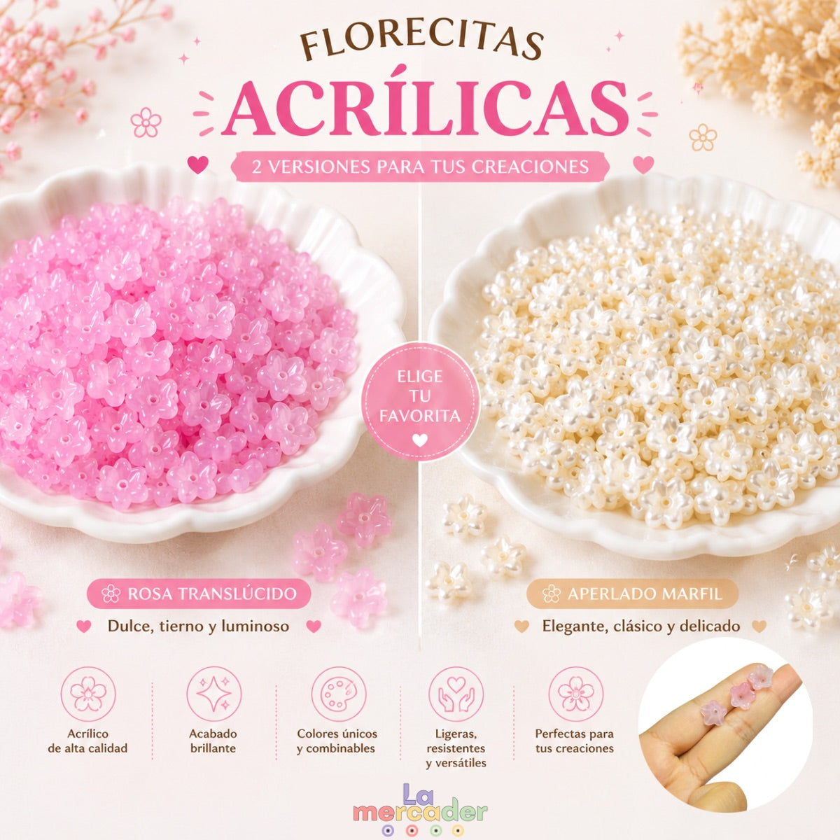 100 pz Flores Acrílicas 12 mm para Bisutería |  Rosa Translúcido y Aperlado Marfil