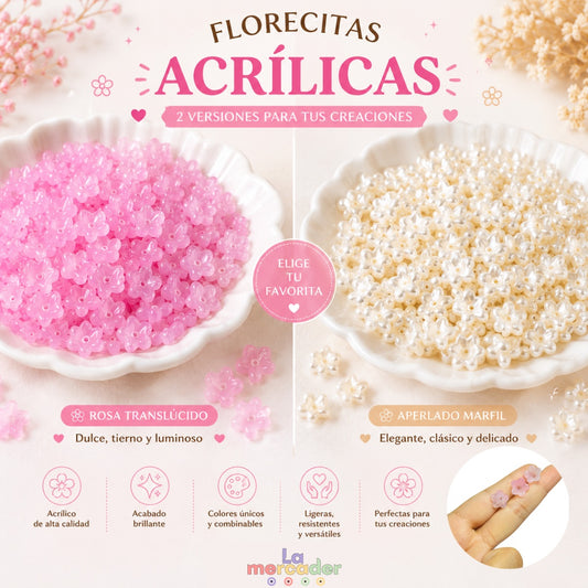 100 pz Flores Acrílicas 12 mm para Bisutería |  Rosa Translúcido y Aperlado Marfil