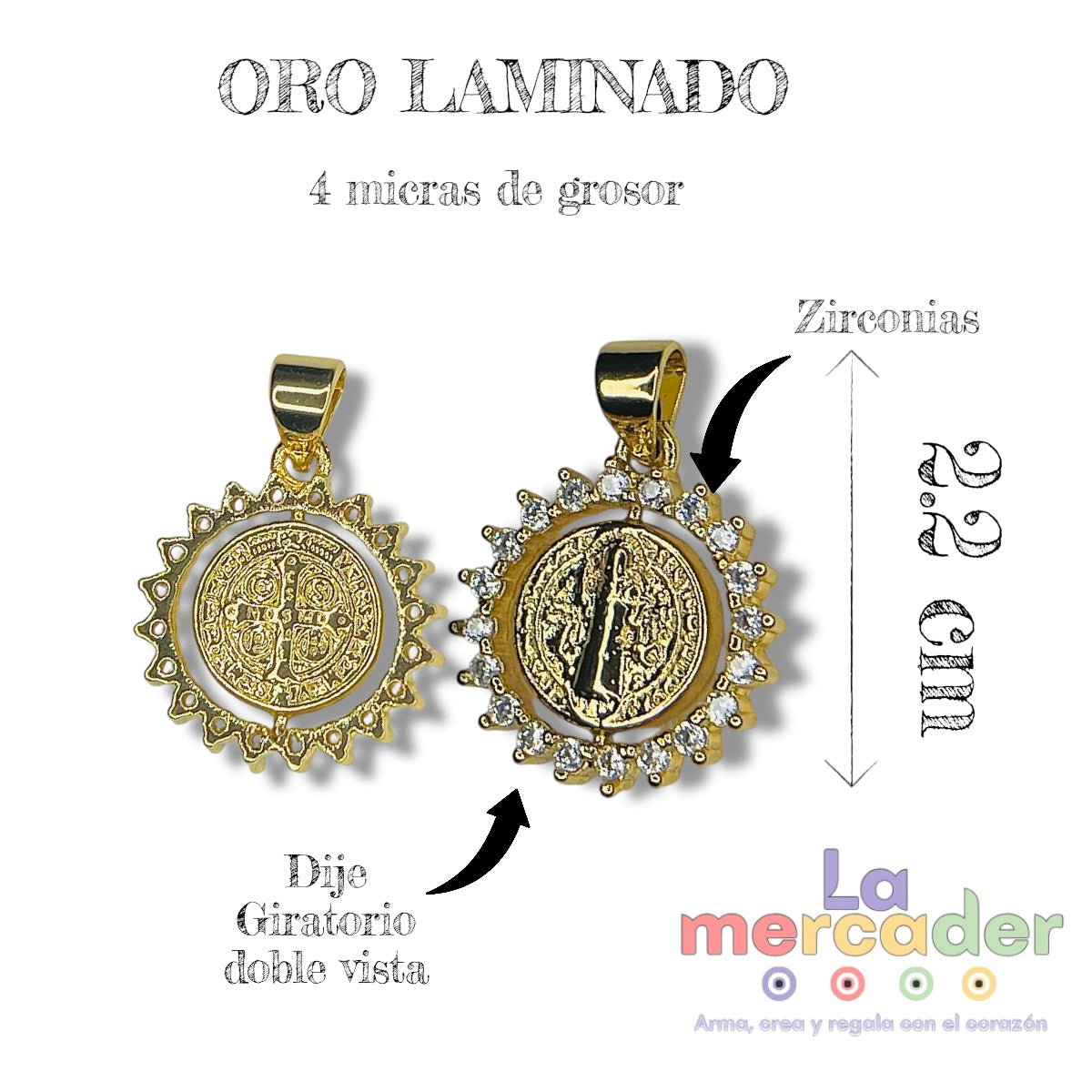 Dije Giratorio Doble Vista con Zirconias en Oro Laminado 4 Micras – 2.2 cm | Elegancia y Significado en una Pieza