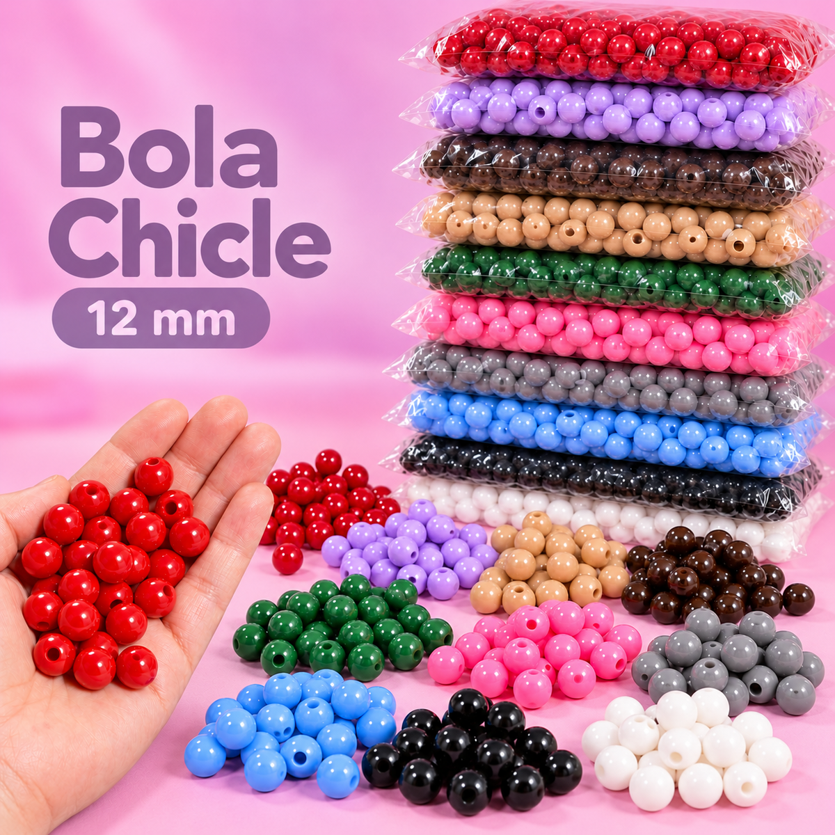 Bolas Chicle 12 mm para Bisutería, 250 g, 11 Colores a Elegir