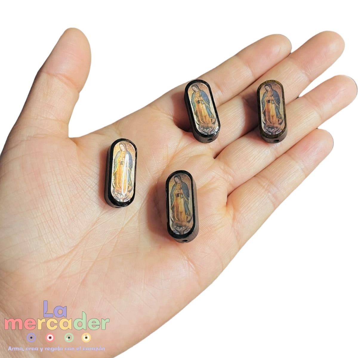 4 piezas Cuenta de Madera Virgen de Guadalupe con Resina Doble Vista 25mm | para Rosarios y Bisutería Religiosa