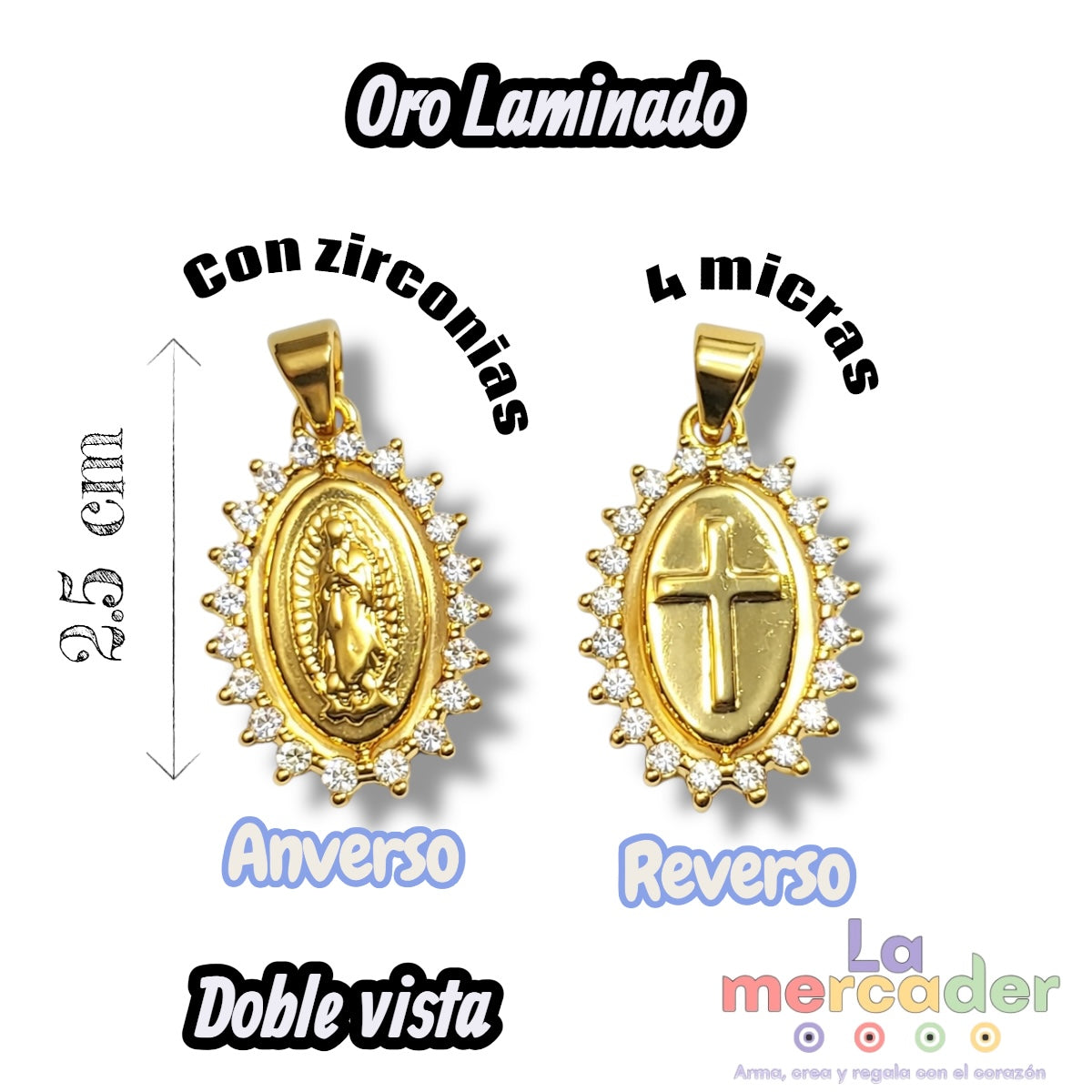 Dije Virgen de Guadalupe Oro Laminado ✨ Doble Vista (4 Micras) con Zirconias | Medalla Religiosa Premium La Mercader