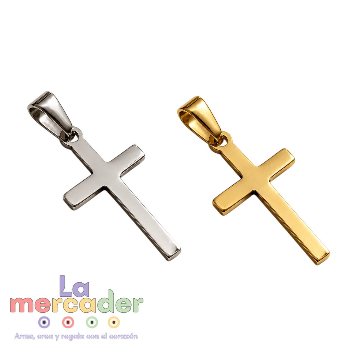 Dije de Cruz de Acero Inoxidable 28 x 15 mm, Dorado o Plateado