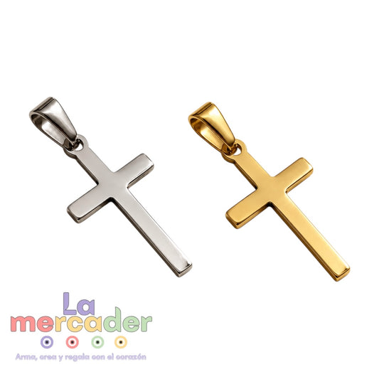 Dije de Cruz de Acero Inoxidable 28 x 15 mm, Dorado o Plateado