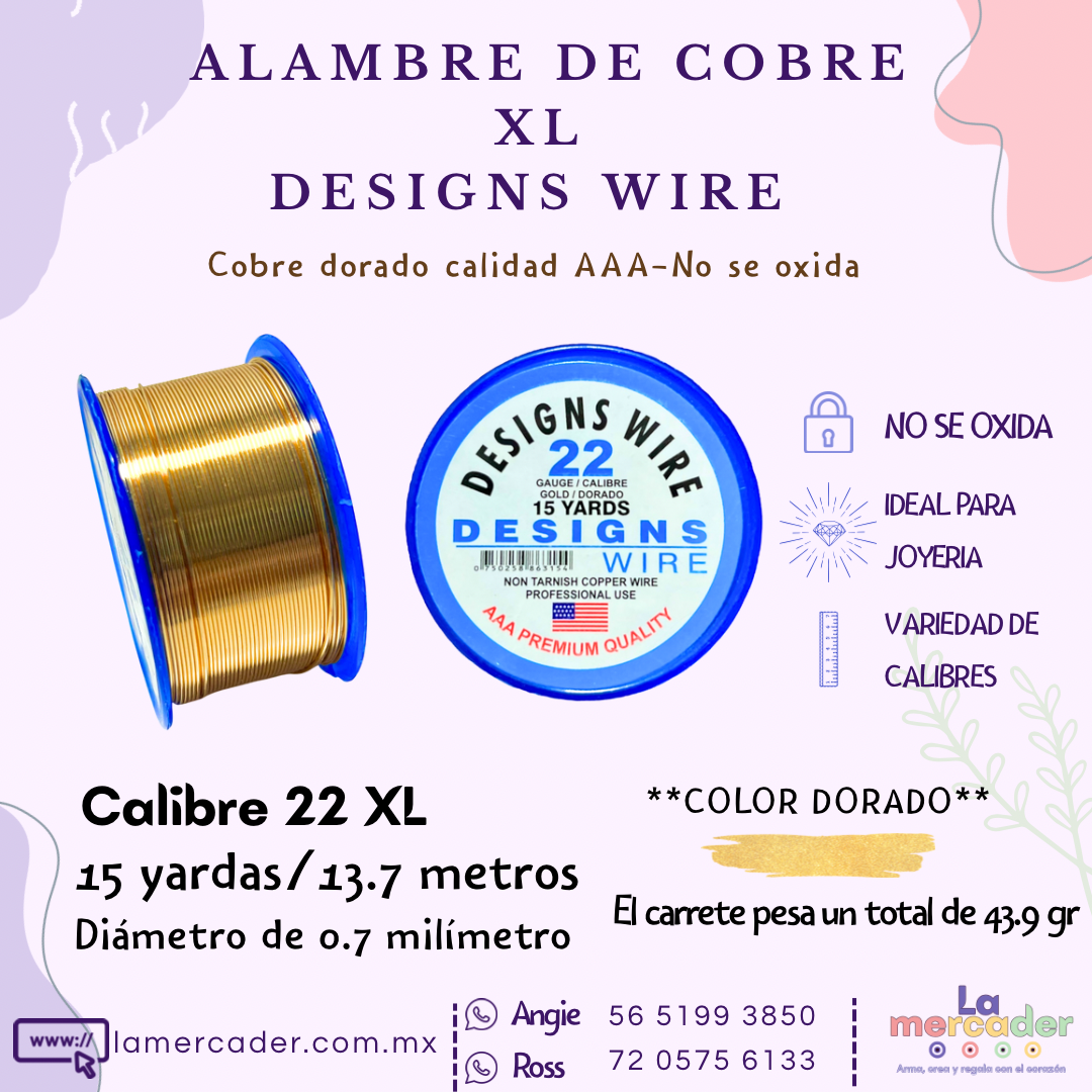 Carrete XL- Alambre Designs Wire de Cobre Dorado– No se oxida, ideal para joyería y bisuteria