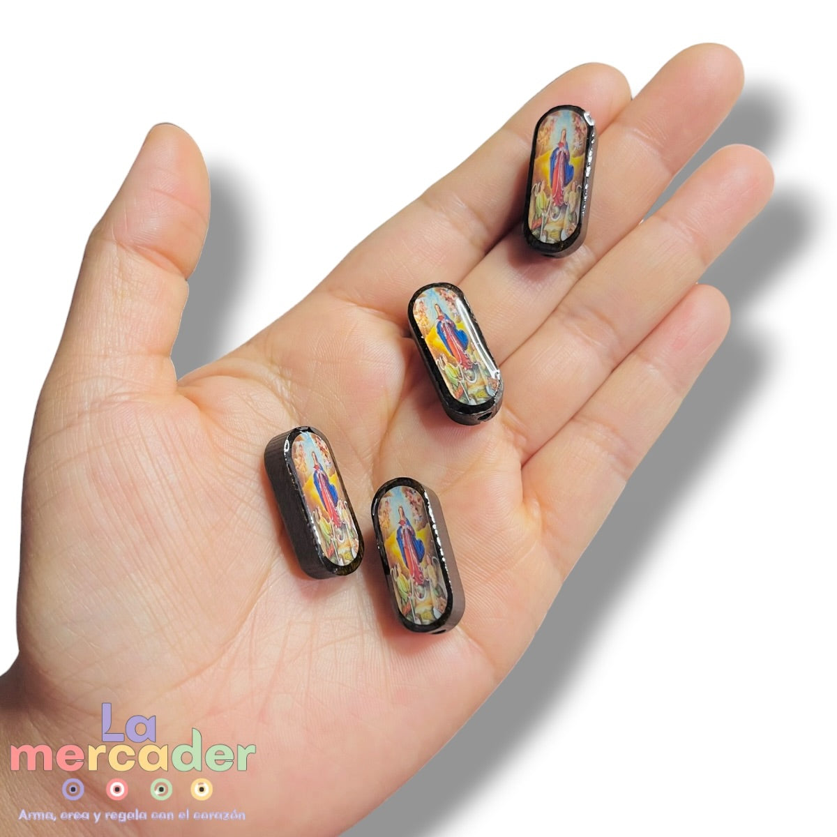 4 piezas Cuenta de Madera Virgen Desatadora de Nudos con Resina Doble Vista 25mm |para Rosarios y Bisutería Religiosa