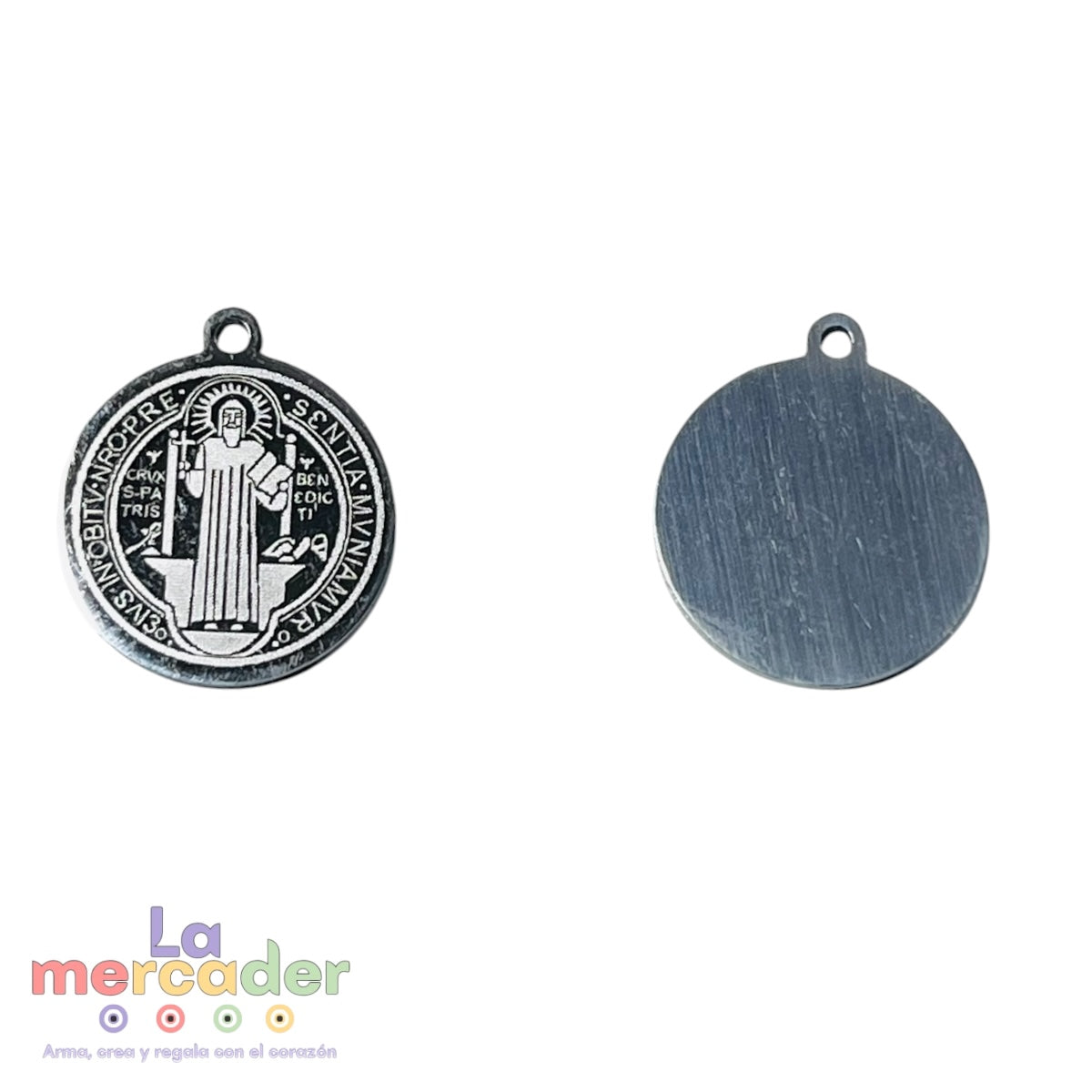 Medalla San Benito de Acero Inoxidable Plateado 15mm | Dije Redondo Grabado para Pulseras y Collares