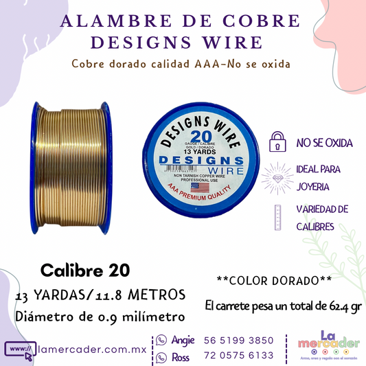 Carrete XL- Alambre Designs Wire de Cobre Dorado Calibre 20 de 13 Yardas – No se oxida, ideal para joyería y bisuteria