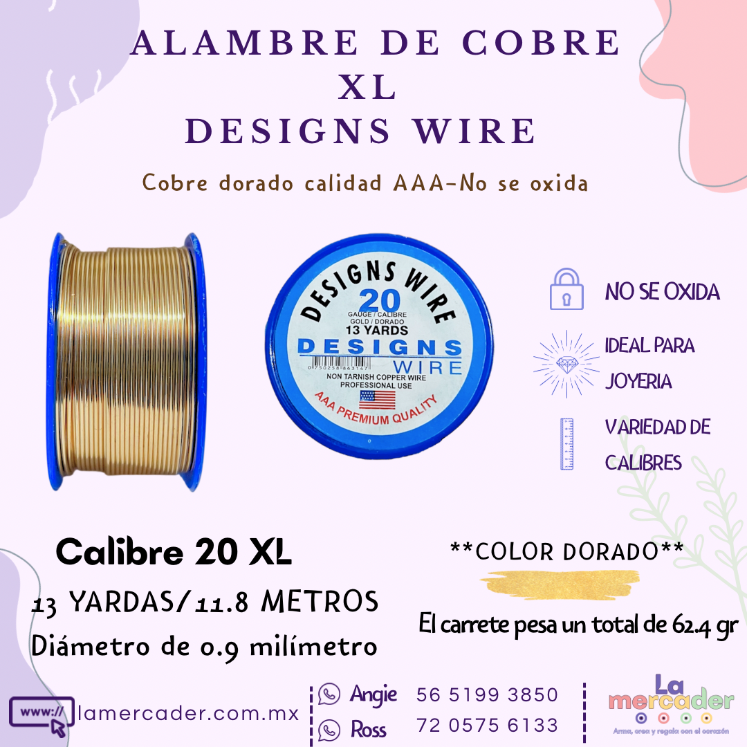 Carrete XL- Alambre Designs Wire de Cobre Dorado– No se oxida, ideal para joyería y bisuteria