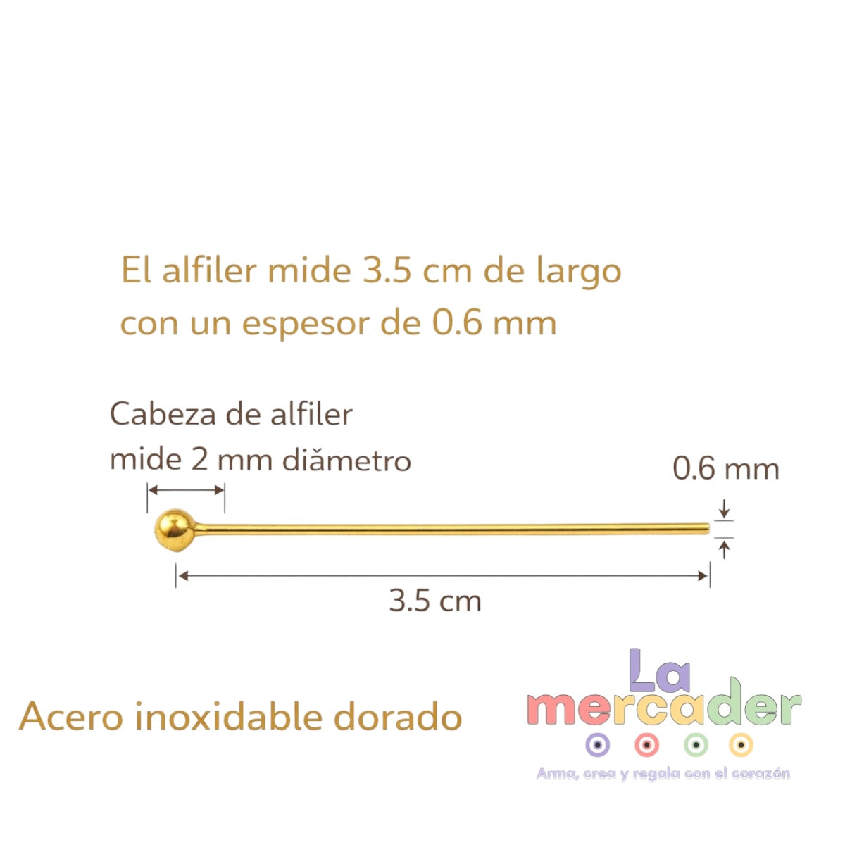 Alfileres de Acero Inoxidable Dorado 3.5 cm x 0.6 mm | Paquete 50 pzs para Bisutería