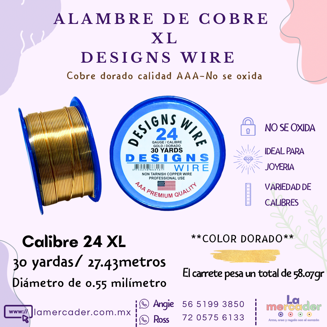 Carrete XL- Alambre Designs Wire de Cobre Dorado– No se oxida, ideal para joyería y bisuteria