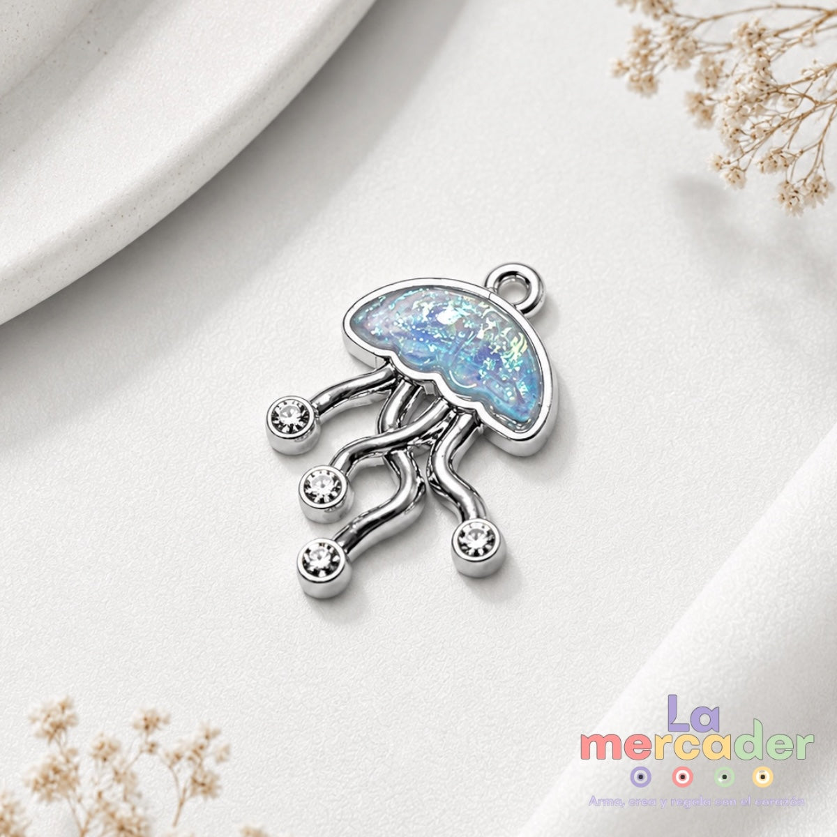 Dije Medusa Tornasol con Circonias de Acero Inoxidable | Charm Marino 1.9 cm para Bisutería