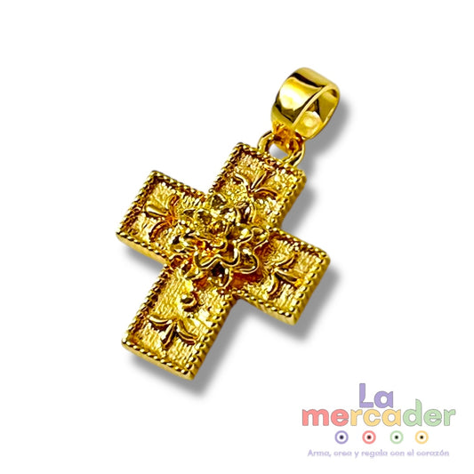 Dije de Cruz con Flor de Cempasúchil, Chapa de Oro 14k