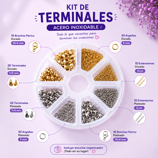 Kit de Herrajes Acero Inoxidable para Bisutería | Broches Perico, Argollas, Terminales y Extensiones | Caja Organizadora