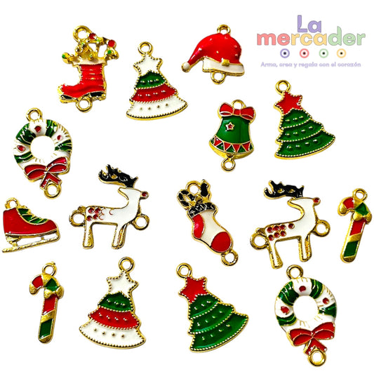15 pz Dijes Navideños Esmaltados, dijes metálicos