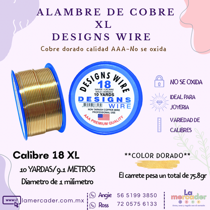 Carrete XL- Alambre Designs Wire de Cobre Dorado– No se oxida, ideal para joyería y bisuteria