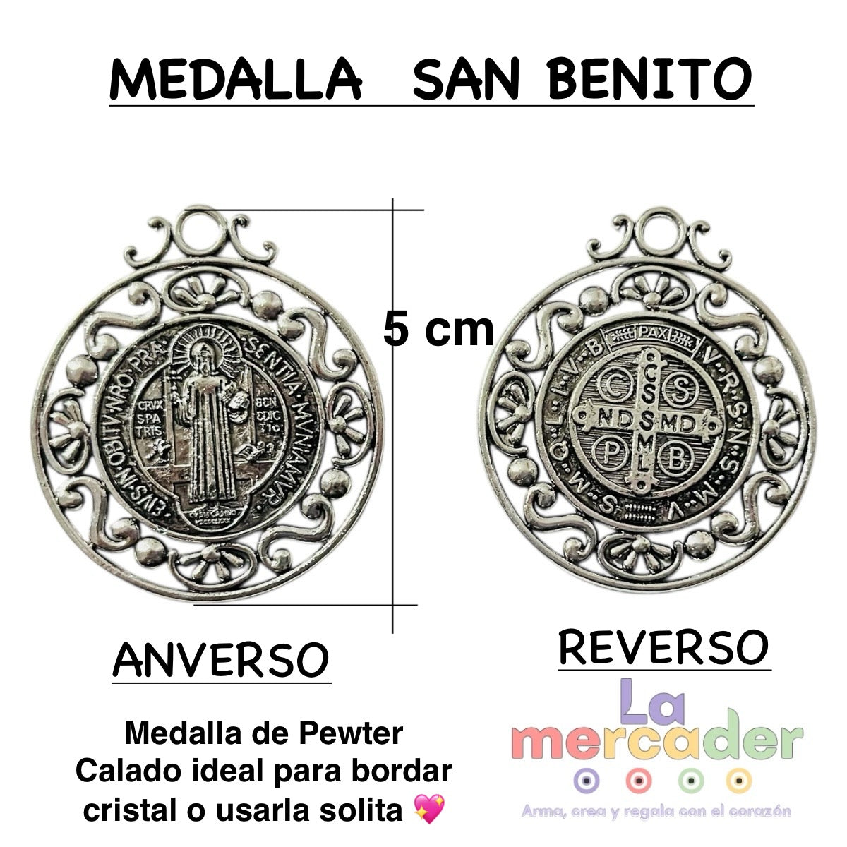 Medalla San Benito 5cm, medalla calada ideal para bordar de Pewter