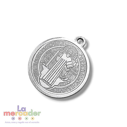 Medalla San Benito de Acero Inoxidable Plateado 15mm | Dije Redondo Grabado para Pulseras y Collares