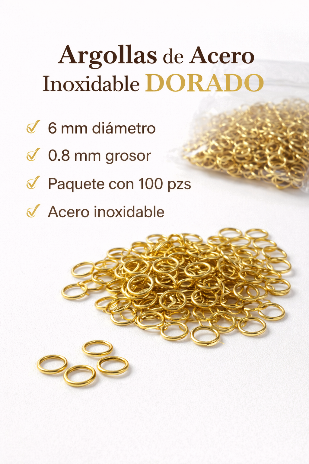 Argollas de Acero Inoxidable Dorado | Paquete 100 pzs para Bisutería