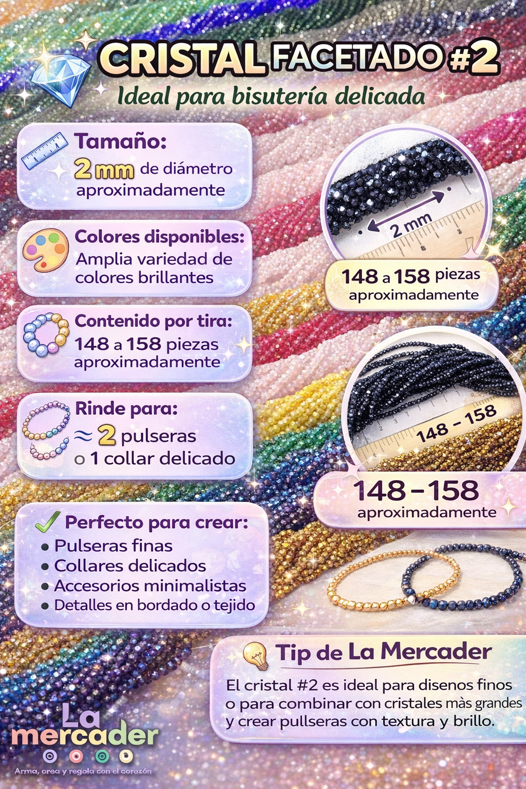 Cristal Facetado #2 (2mm) para Pulseras y Collares | 148-158 Piezas
