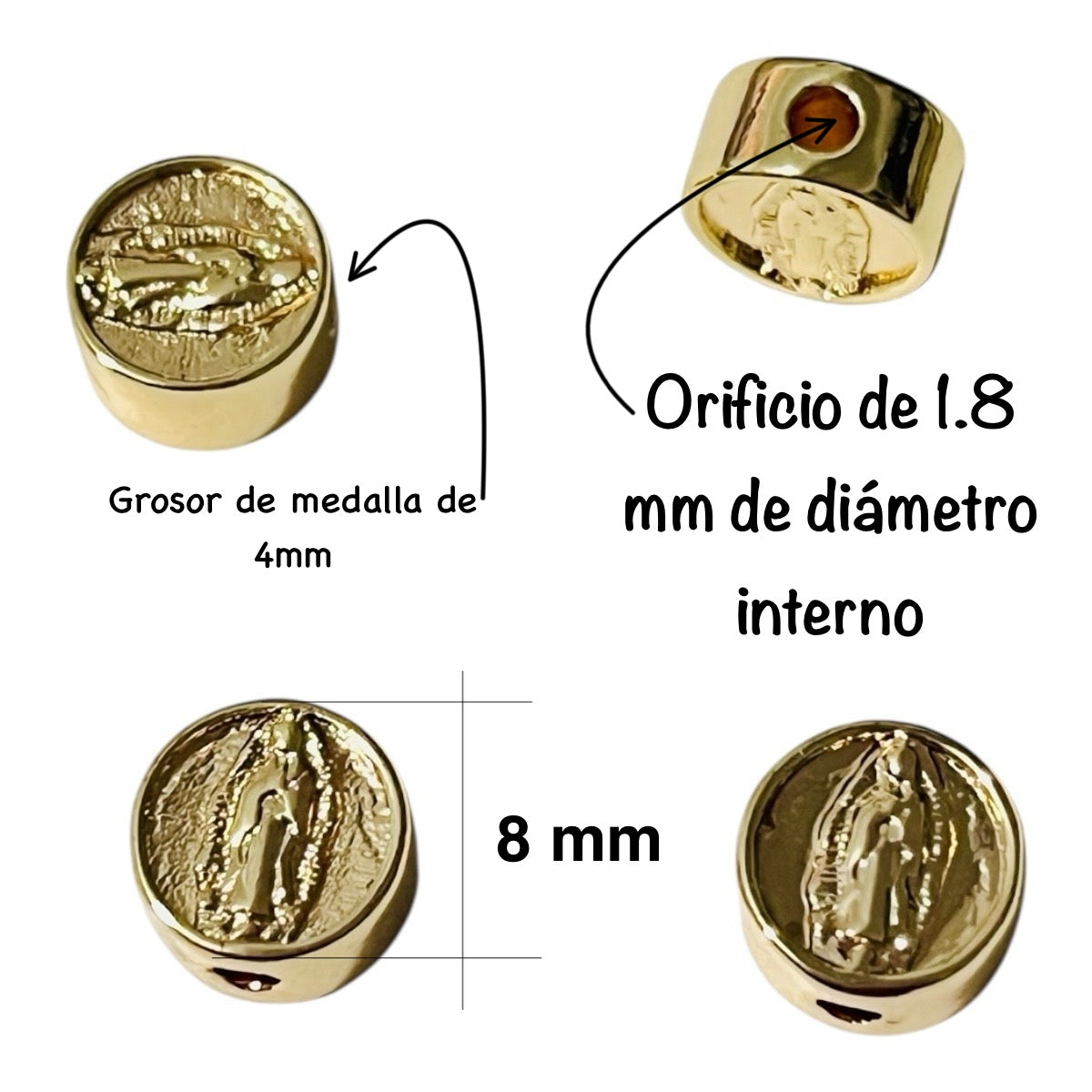 Cuenta Pastilla Virgen de Guadalupe Chapa de Oro 8mm