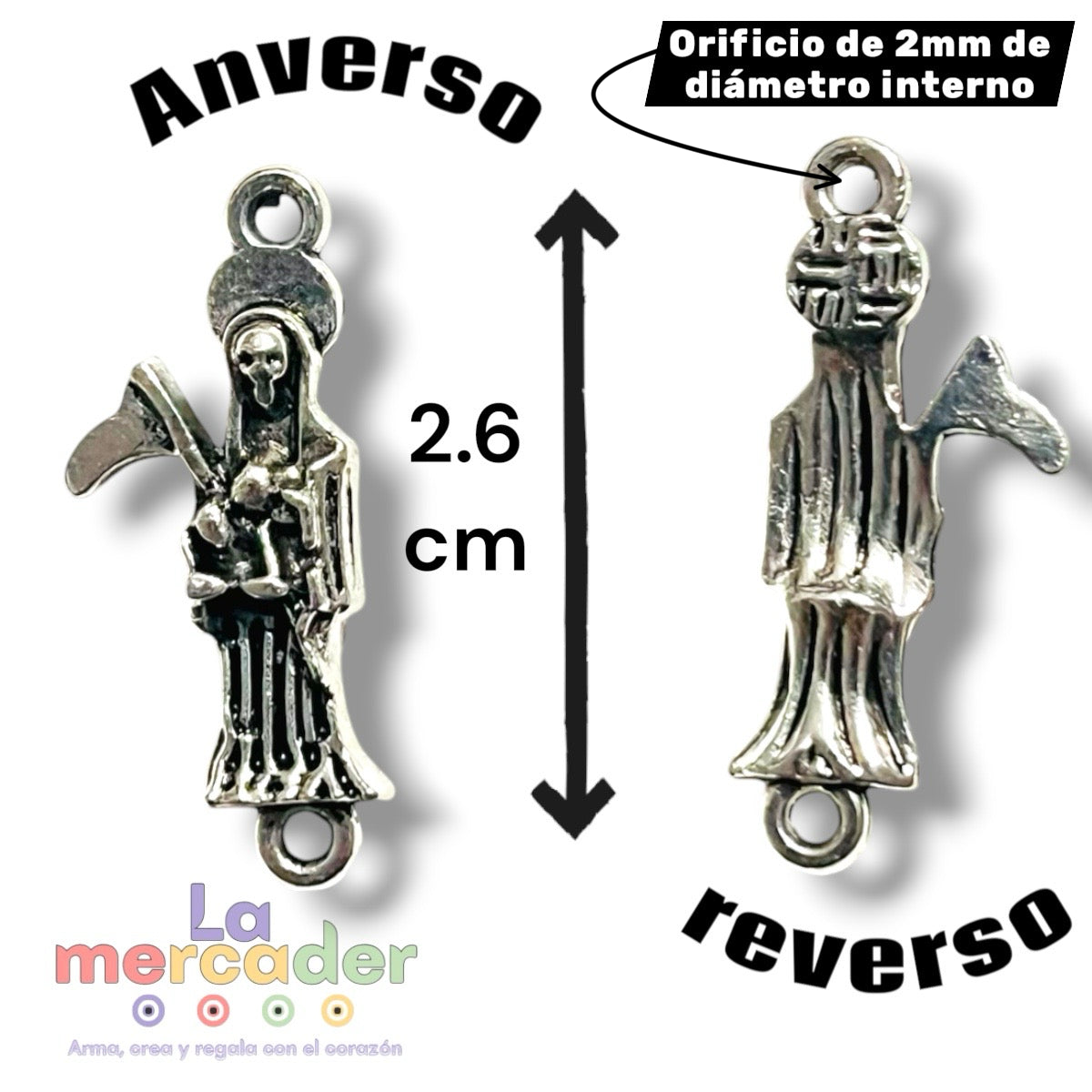 Pack de 20 Dijes Conectores Santa Muerte Metálicos Plateados 2.6 cm para Pulseras y Bisutería