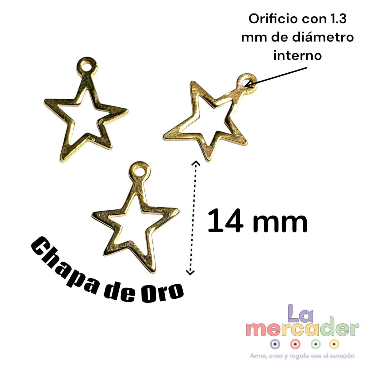 3 piezas Dije Estrella Chapa de Oro 14k | Charm Estrella 14 mm para Pulseras y Collares